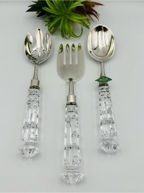 Crystal-Handled Silver Salad Serving Set - Clear